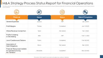 M And A Strategy Process Status Report For Financial Operations