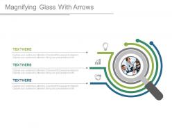 Magnifying glass with arrows and icons teamwork analysis powerpoint slides
