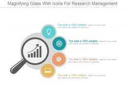 Magnifying glass with icons for research management ppt slides