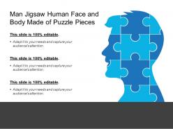 Man jigsaw human face and body made of puzzle pieces
