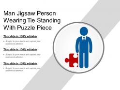Man jigsaw person wearing tie standing with puzzle piece