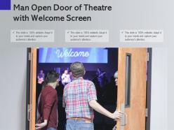 Man open door of theatre with welcome screen