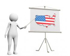 Man pointing on map of america stock photo