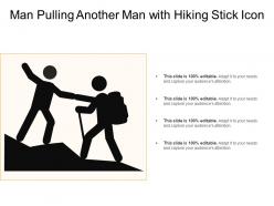 Man pulling another man with hiking stick icon