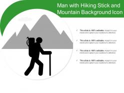 Man with hiking stick and mountain background icon