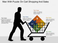 Man with puzzle on cart shopping and sales flat powerpoint design