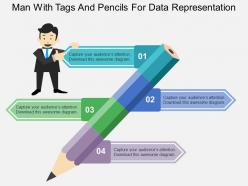 Man with tags and pencils for data representation flat powerpoint design