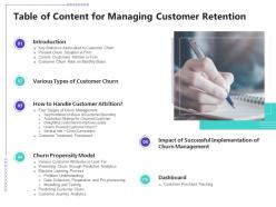 Managing customer retention table of content for managing customer retention ppt styles