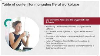 Managing Life At Workplace Key Elements Associated To Organizational Behavior For Table Of Contents