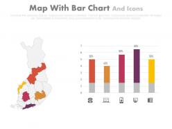 Map with bar chart and icons powerpoint slides