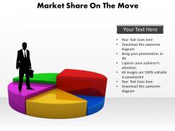 Market share on the move man standing on pie chart powerpoint diagram templates graphics 712
