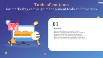 Marketing Campaign Management Tools And Practices For Table Of Contents MKT SS V