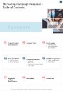 Marketing Campaign Proposal Table Of Contents One Pager Sample Example Document
