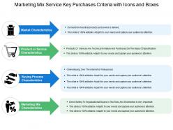 Marketing mix service key purchases criteria with icons and boxes