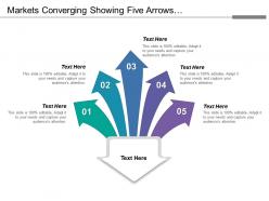Markets converging showing five arrows downwards facing with text holders