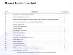 Material contract checklist settlement agreements ppt powerpoint presentation influencers
