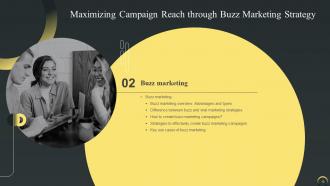 Maximizing Campaign Reach Through Buzz Marketing Strategy Powerpoint Presentation Slides Content Ready Multipurpose