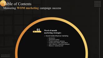 Measuring WOM Marketing Campaign Success Table Of Contents MKT SS V