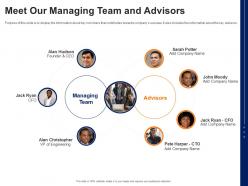 Meet our managing team and advisors cpg pitch deck ppt show model