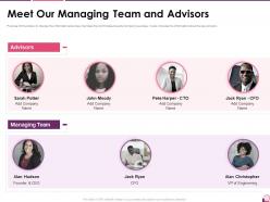 Meet our managing team and advisors investor pitch presentation for cosmetic brand