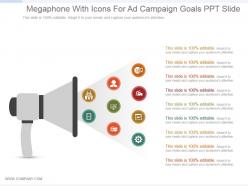 Megaphone with icons for ad campaign goals ppt slide