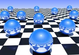 Metal spheres of blue color on a chessboard stock photo