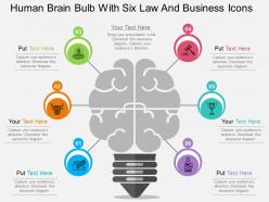Mn human brain bulb with six law and business icons flat powerpoint design