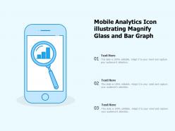 Mobile analytics icon illustrating magnify glass and bar graph