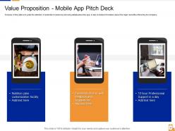 A slide showcasing a mobile app pitch deck with three smartphones displaying different scenes related to nutrition and professional support