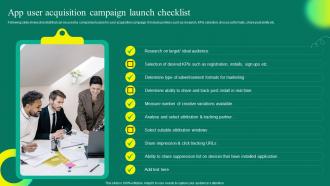 Mobile App User Acquisition Strategy App User Acquisition Campaign Launch Checklist