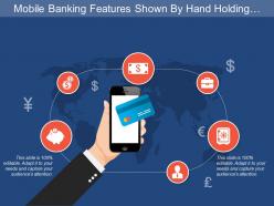 Mobile banking features shown by hand holding phone with dollar human and briefcase image