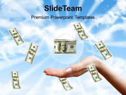 Money falling to hands over blue sky background powerpoint templates ppt themes and graphics