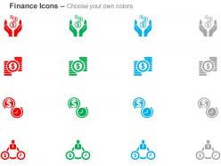 Money in hand dollar sign and piles of coin money and time management ppt icons graphics