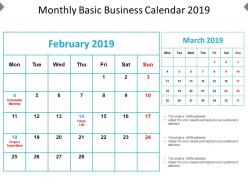 Monthly basic business calendar 2019