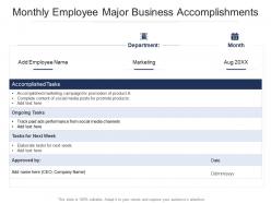 Monthly employee major business accomplishments