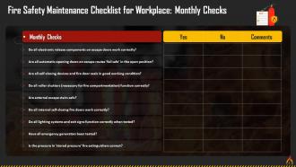 Monthly Fire Safety Maintenance Checklist For Workplace Training Ppt