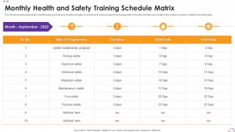 Monthly Health And Safety Training Schedule Matrix