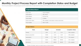 Monthly Project Process Report With Completion Status And Budget