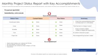 Monthly Project Status Report With Key Accomplishments