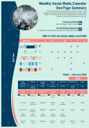 Monthly social media calendar one page summary presentation report infographic ppt pdf document