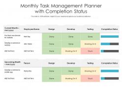 Monthly task management planner with completion status