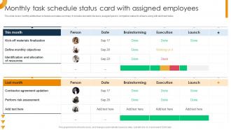Monthly Task Schedule Status Card With Assigned Employees