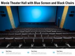 Movie theater hall with blue screen and black chairs