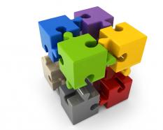Multicolored 3d puzzle cubes on white background stock photo