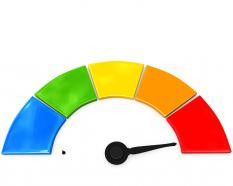 Multicolored dashboard with arrow pointing on maximum stock photo