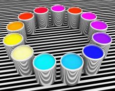Multicolored paint buckets in circle stock photo