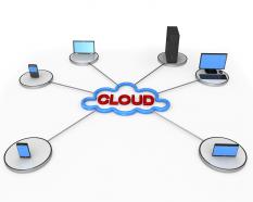 Multiple devices connected in network displaying cloud computing stock photo