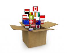 Multiple flag icons coming out from the box stock photo