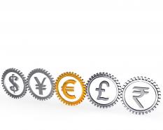 Multiple gears with currency symbol with one leadership concept stock photo