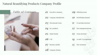 Natural Beautifying Products Company Profile Table Of Contents Pppt Slides Background